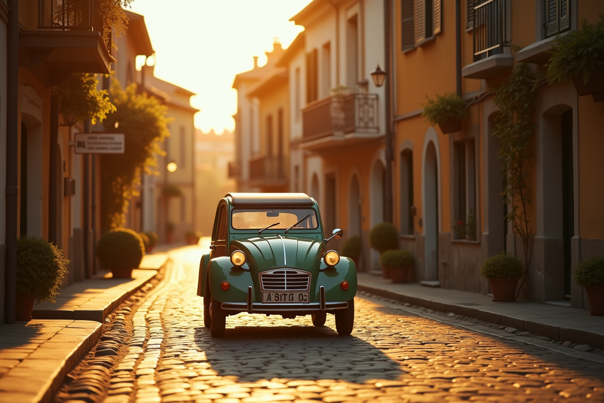 2CV vintage roulant dans un vieux village européen