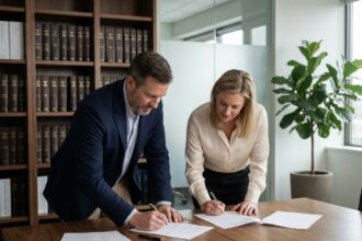 Deux associés signant un accord commercial autour d'une table de conférence dans un bureau juridique moderne