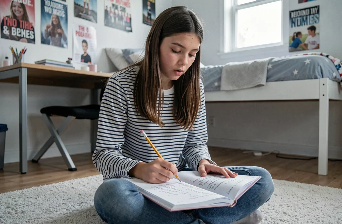 Adolescente révisant la conjugaison du verbe pouvoir au présent dans un cahier de grammaire française dans sa chambre