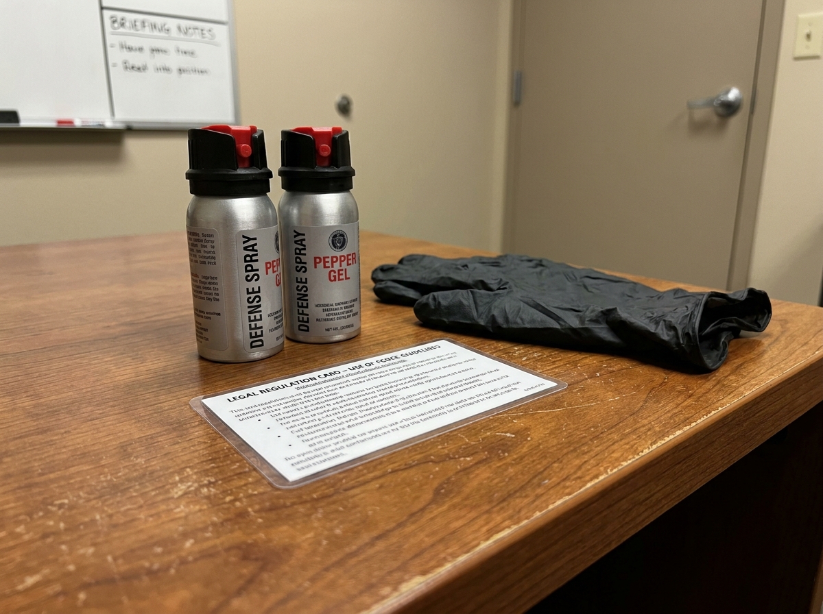 Aérosols lacrymogènes posés sur un bureau avec une fiche réglementaire et des gants de protection avant une intervention