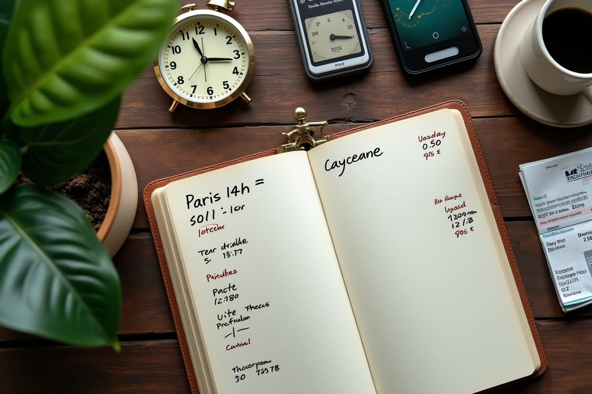 Agenda ouvert avec annotations des fuseaux horaires Guyane française et France métropole, horloge et smartphone sur table en bois
