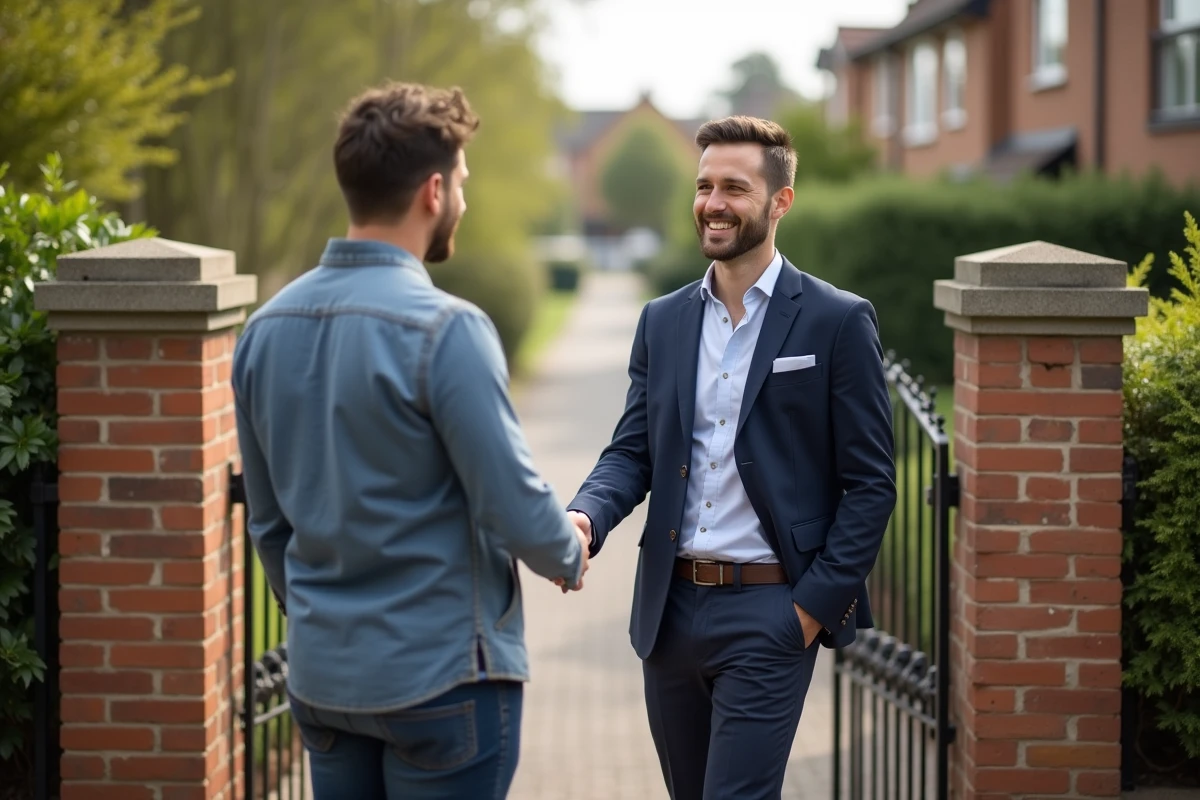 Agent immobilier souriant serre la main à un couple devant une maison en banlieue