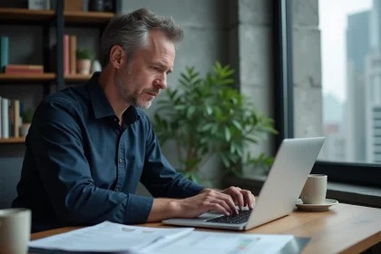 Homme abonné aux alertes d'information internationale consultant des actualités géopolitiques sur son ordinateur portable dans un bureau moderne