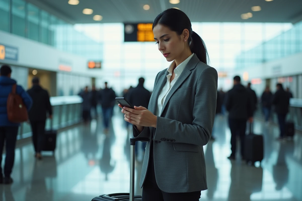 Femme dans un aéroport international consultant une alerte d'actualité géopolitique sur son smartphone lors d'un déplacement professionnel