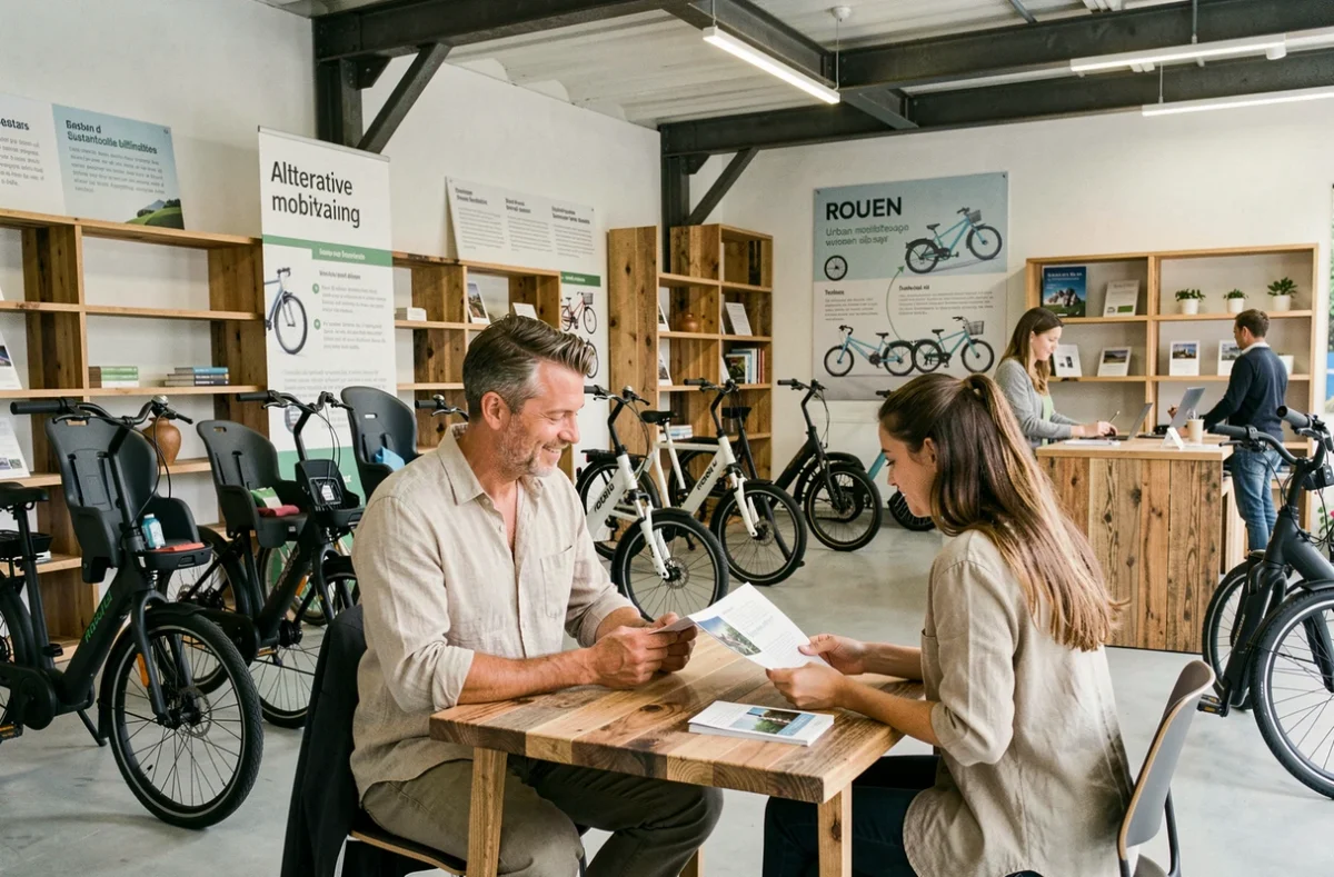 Intérieur d'Altermove Rouen avec une sélection de vélos électriques et de solutions de mobilités alternatives urbaines