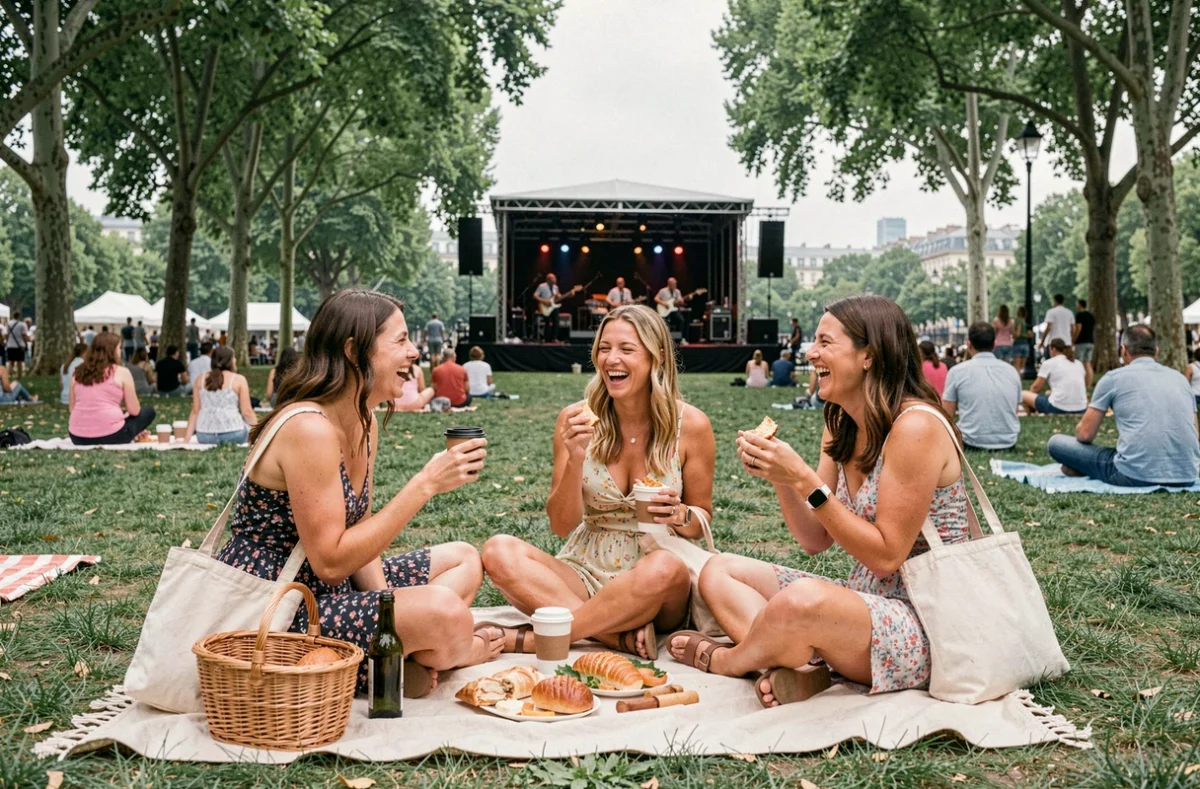Groupe d'amies profitant d'un festival de musique gratuit dans un parc de Lyon par une journée estivale