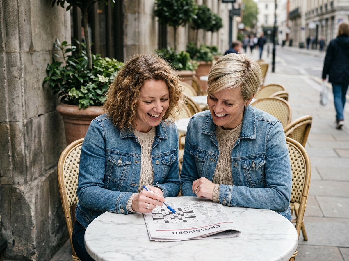 Deux amies collaborant sur une grille de mots croisés thématique dans un café en plein air, illustrant le plaisir social et quotidien des thèmes de grilles populaires