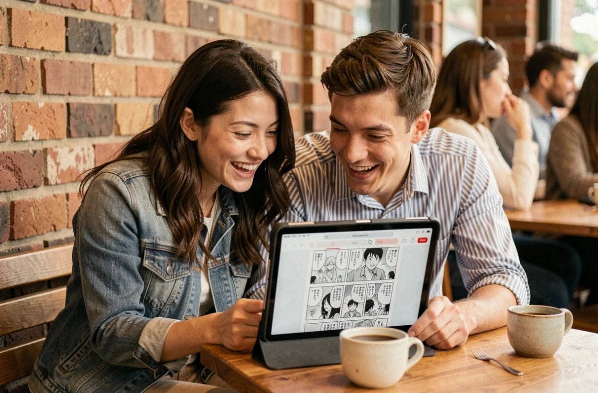 Deux amis partageant la découverte de nouveaux scans yaoi sur une tablette dans un café branché