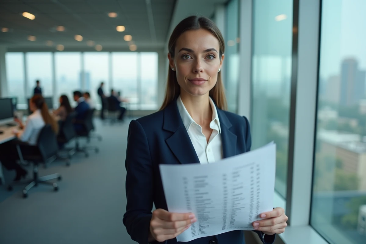 Femme professionnelle analysant des données de numéros de téléphone dans un bureau moderne, évoquant la recherche d'informations via une base de données inversée