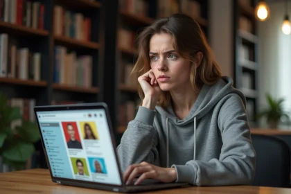 Jeune femme analysant des mèmes internet sur un ordinateur portable dans un bureau à domicile, expression critique et réfléchie