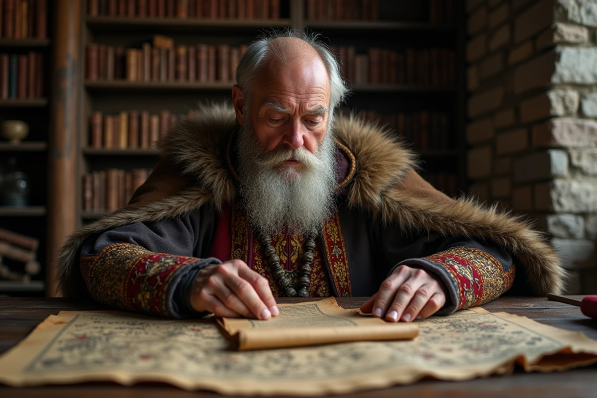 Homme scandinave âgé en tunique médiévale et cape en fourrure