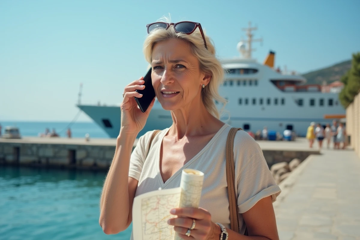 Femme au port grec utilisant son téléphone portable avec inquiétude liée aux frais d'appel à l'étranger