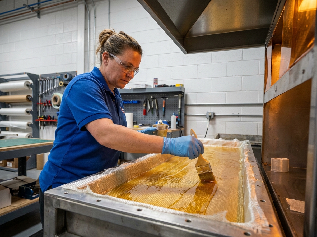 Femme technicienne appliquant de la résine époxy sur un tissu de verre dans un moule composite