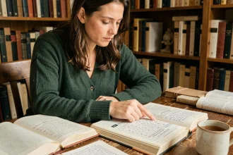 Femme étudiant la conjugaison du verbe pouvoir au présent dans un livre de grammaire française sur un bureau en bois
