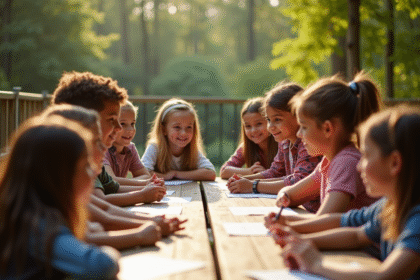 Groupe d'adolescents et enfants lors d'un atelier paix en plein air
