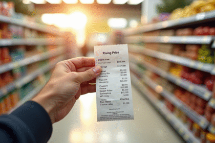 Main tenant un ticket de caisse avec prix en hausse devant un rayon de supermarche