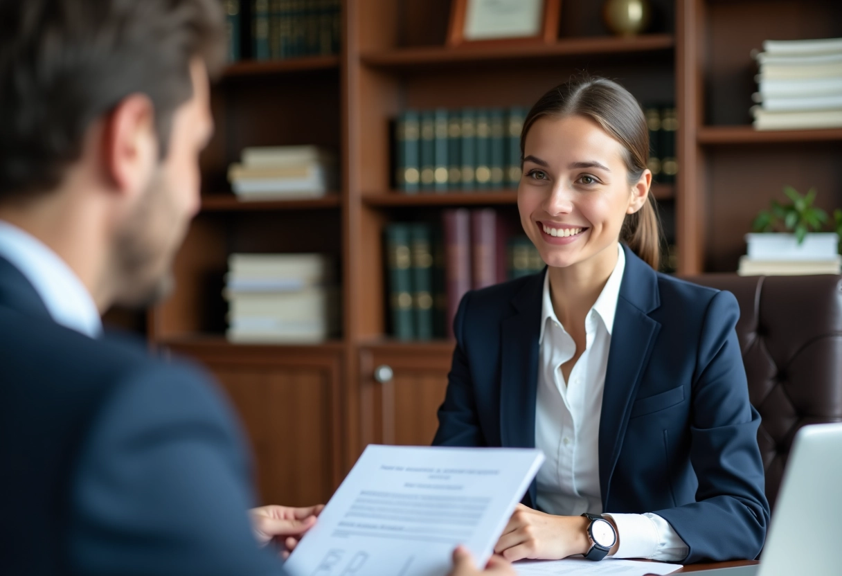 Jeune avocate examinant des documents avec un client dans un bureau