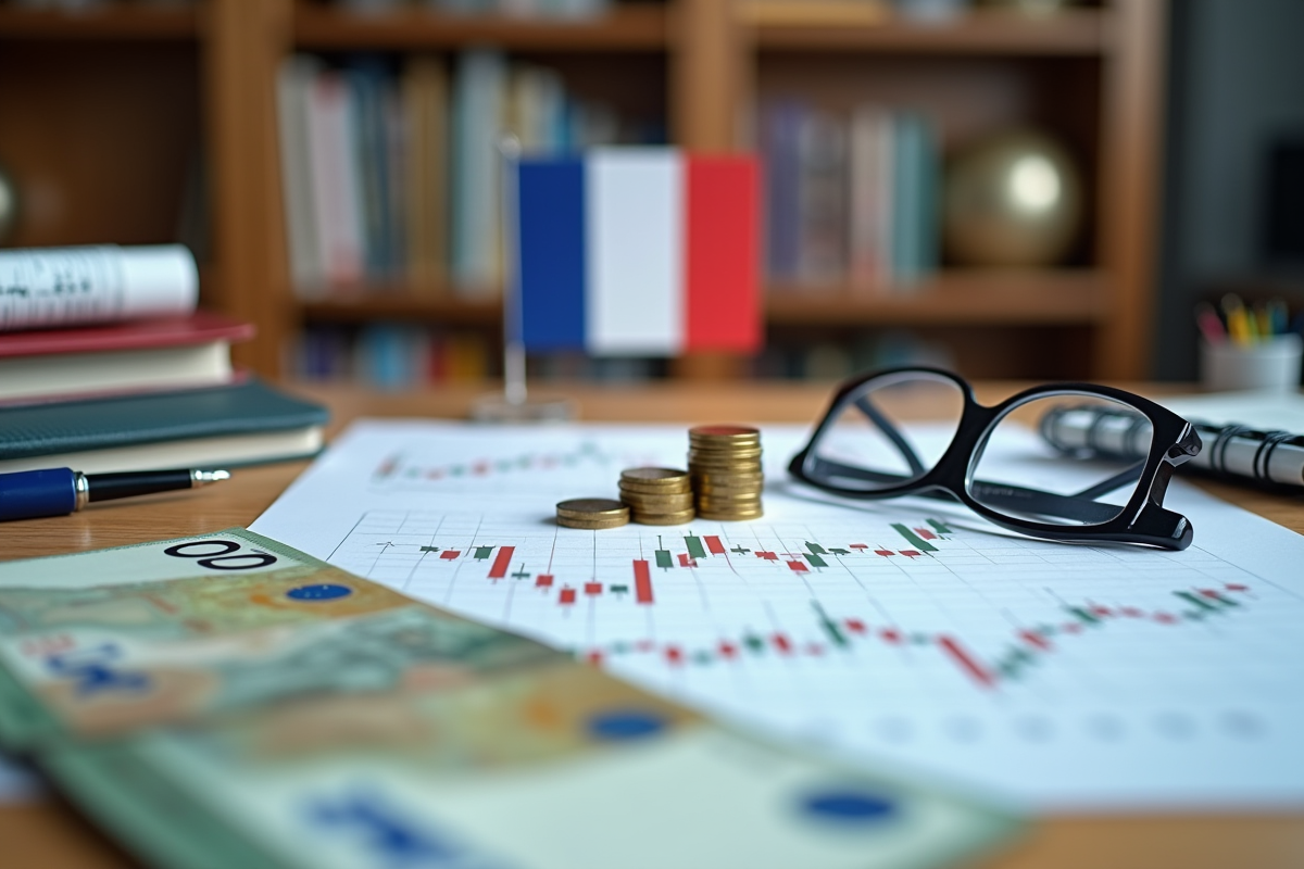 Graphiques financiers billets euros et drapeau français sur un bureau