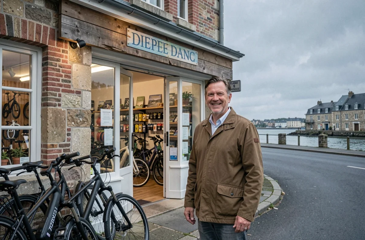 Devanture de Bouticycle Dieppe, magasin de vélos électriques sur la côte normande avec des VAE exposés devant la boutique