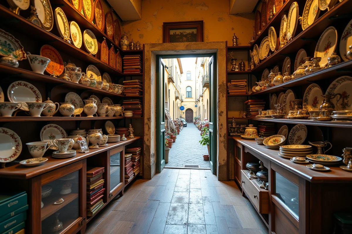 Boutique d'antiquités italienne à Florence remplie d'objets de collection vintage