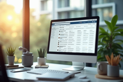 Espace de travail moderne avec écran d'email organisé