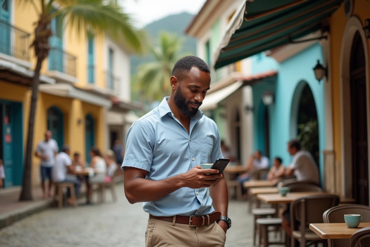 Homme consultant son téléphone affichant les heures de Guyane et de la métropole dans un café de la Place des Palmistes à Cayenne