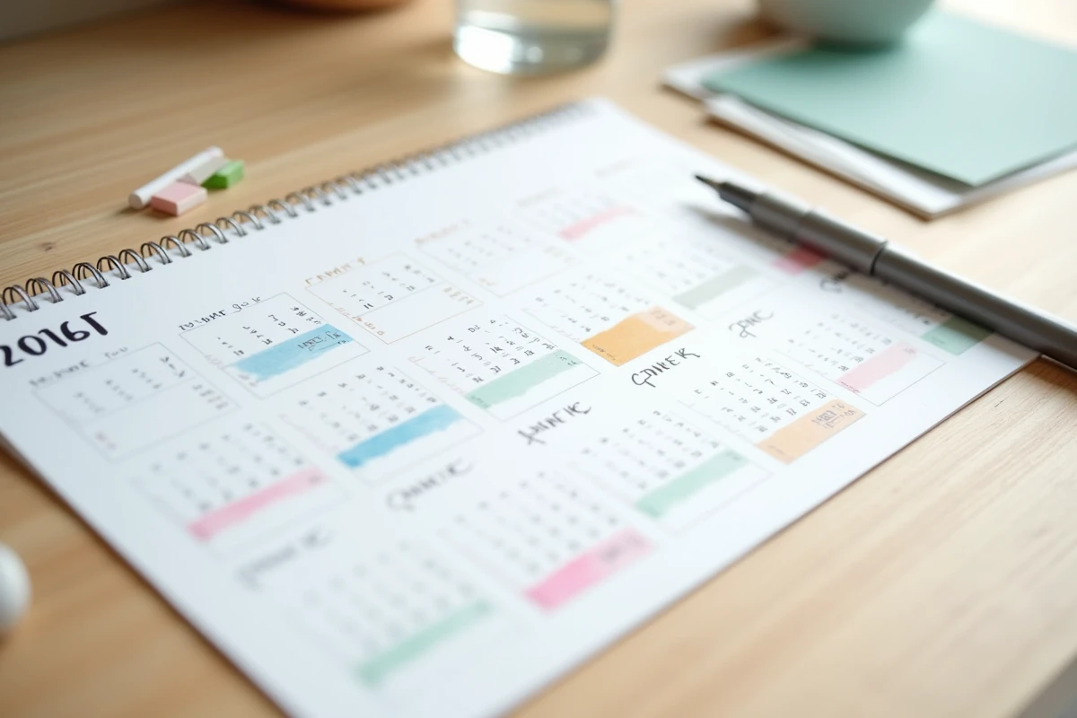 Vue de dessus d'un calendrier 2026 imprimé avec codes couleurs pastel personnalisés sur une table en bois clair