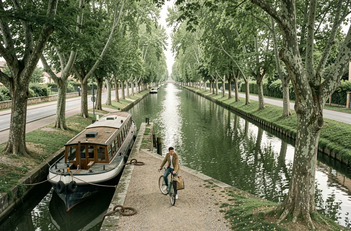 Canal du Midi à Toulouse bordé de platanes avec cycliste sur la piste, vue perspective pour guide touristique