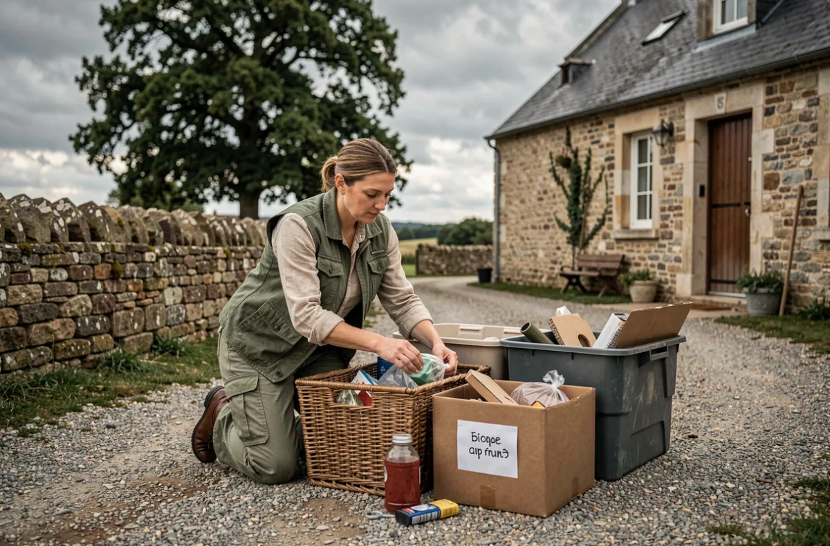 Une femme professionnelle du débarras triant des objets devant une maison de campagne pour Caplot Sandy