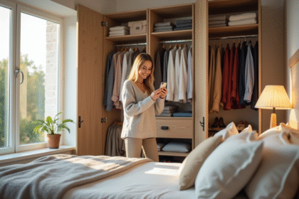 Chambre lumineuse avec armoire ouverte et femme prenant photo de ses vêtements