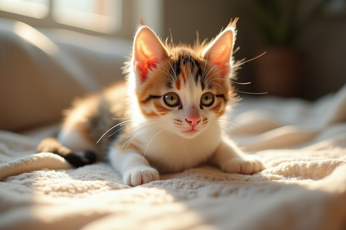 Chaton calico jouant sur une couverture beige en salon