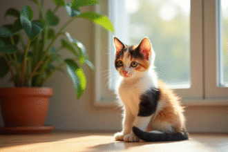 Chaton calico blanc orange et noir sur sol en bois