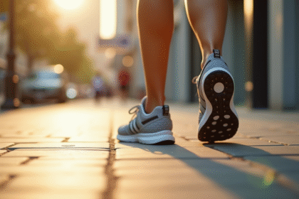 Pieds en baskets sportives marchant sur le trottoir en ville avec un tracker d'activité