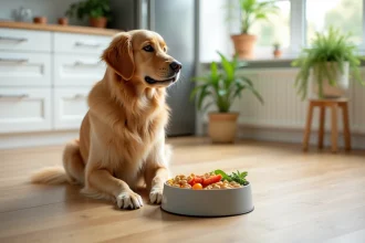 Chien golden retriever en bonne santé assis devant un bol de nourriture naturelle dans une cuisine moderne