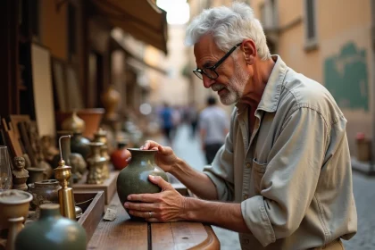 Homme examinant une poterie ancienne sur un marché aux puces en plein air en Italie