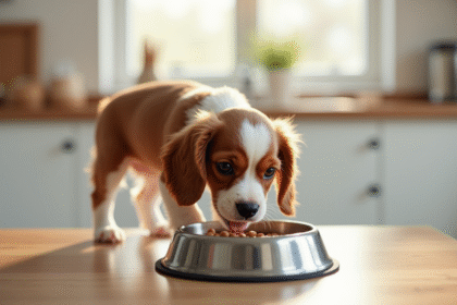 Jeune chiot cavalier king charles mangeant dans une cuisine lumineuse