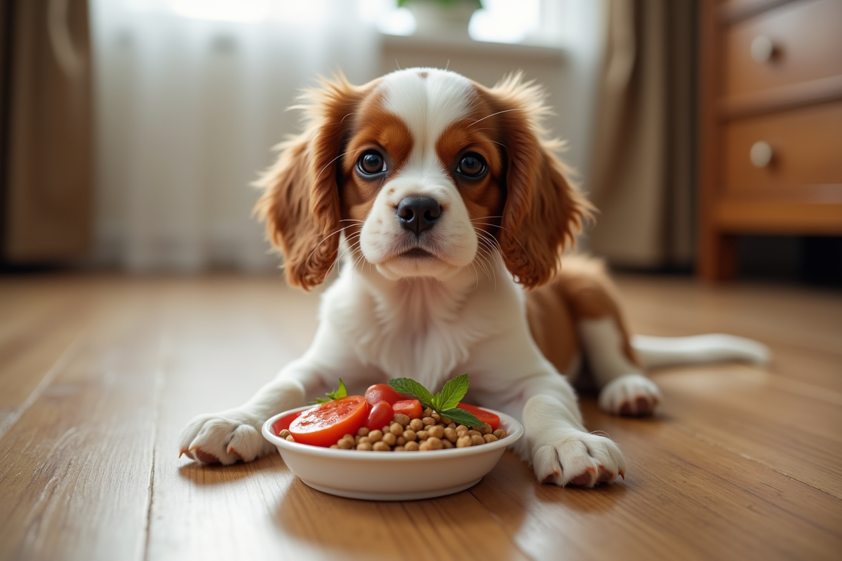 Chiot cavalier king charles jouant près d un repas équilibré