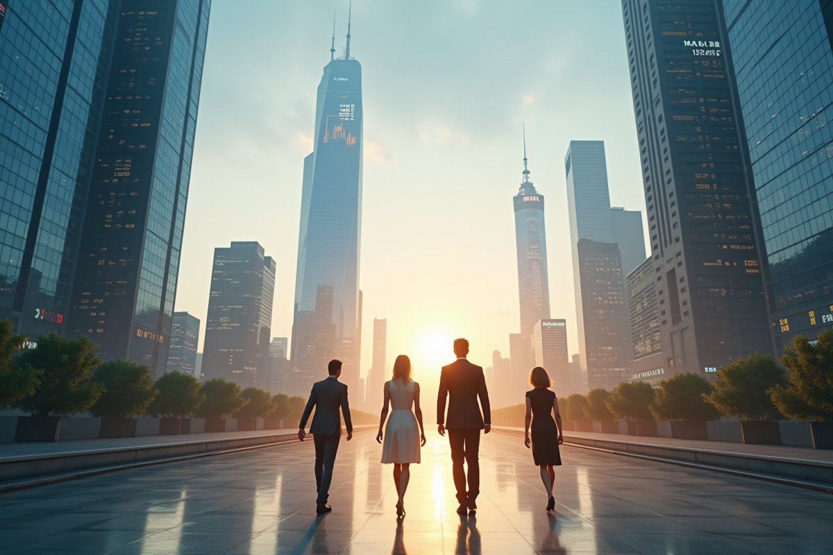 Silhouette de la skyline urbaine avec graphiques financiers et symboles monétaires