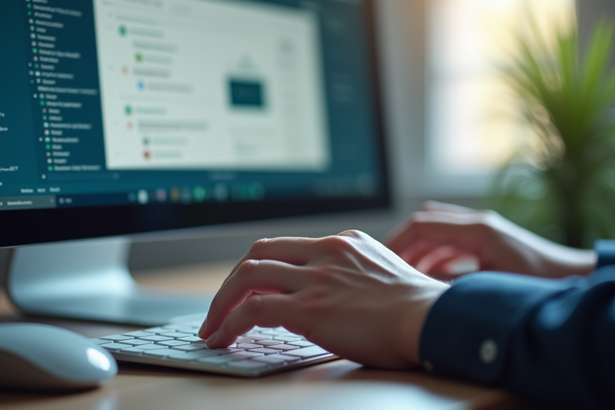 Mains sur clavier regardant une interface email claire
