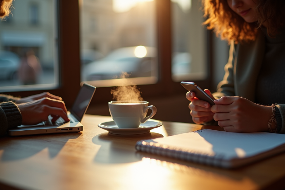 Mains tapant un email sur smartphone dans un café français le matin
