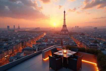 Vue panoramique de Paris avec monuments emblématiques au coucher du soleil