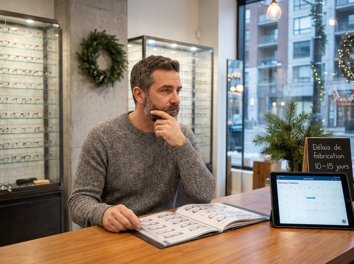 Client consultant un catalogue de montures dans une boutique optique avant les fêtes de Noël