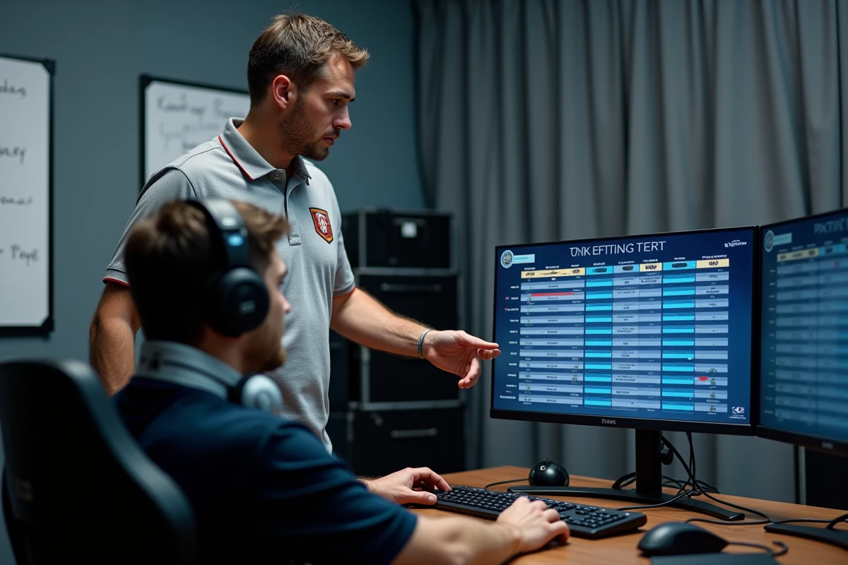 Coach esport expliquant une stratégie de composition TFT stable à un joueur en coulisses de tournoi