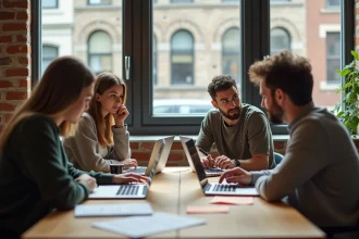 Groupe de bénévoles collaborant autour d'outils numériques libres dans un espace de co-working associatif