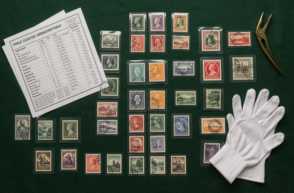 Collection de timbres rares posés à plat sur un tapis vert avec catalogue de cote et pinces philatéliques