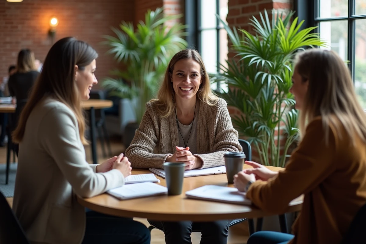 Collègues de travail discutant autour d'une table de réunion dans un espace de coworking moderne