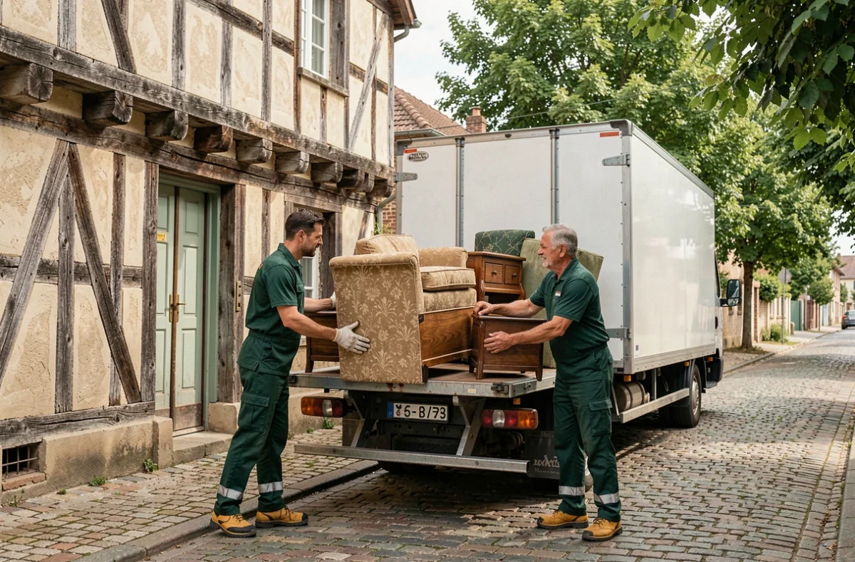 Deux débarrasseurs chargeant des meubles dans un camion devant une maison à colombages en Loir-et-Cher pour Les Compagnons Débarrasseurs