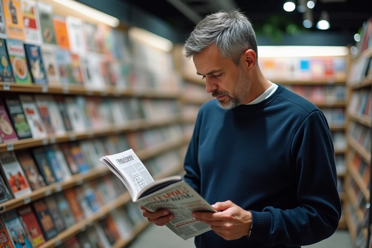 Homme comparant deux éditions d'un magazine en librairie pour identifier la bonne version de Garan Cedore