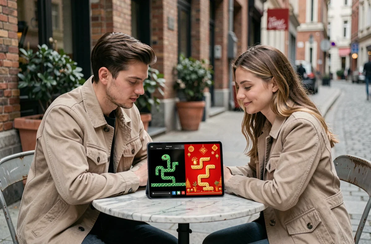 Deux personnes comparant le jeu Google Snake classique et le jeu Année du Serpent sur une tablette dans un café en plein air