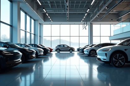 Vitrine moderne d'un concessionnaire en 2025 avec voitures électriques